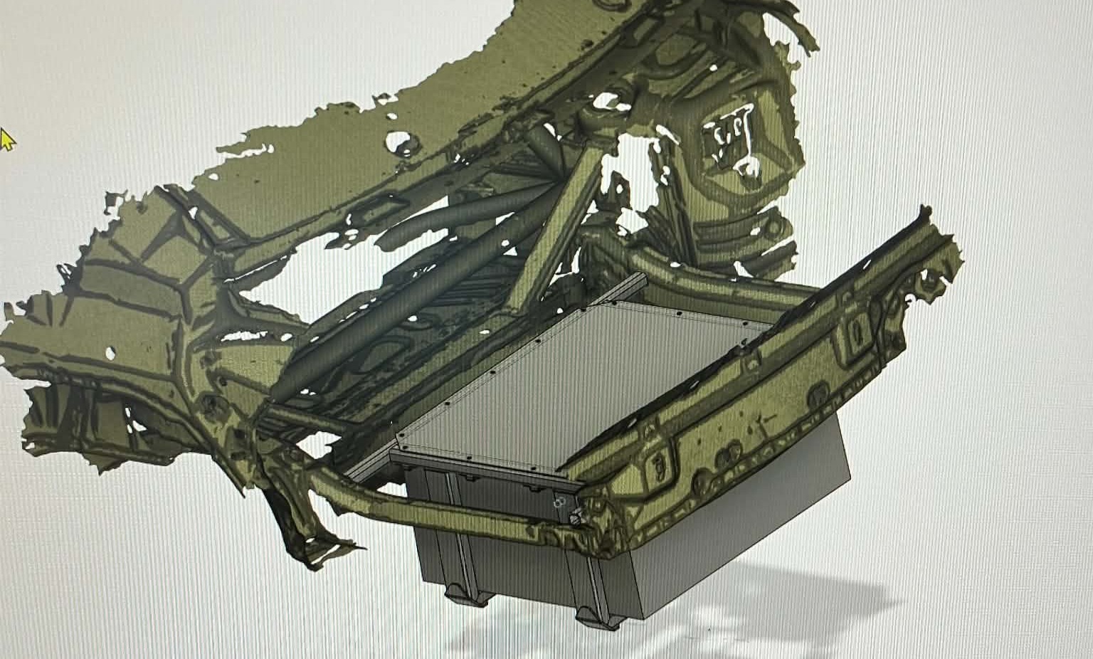 3D scan mesh of a vehicle chassis with a fuel-cell enclosure modeled in CAD